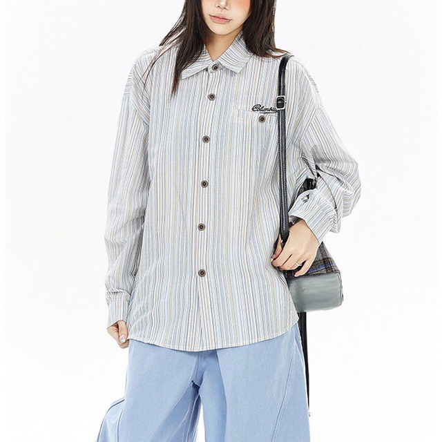 レトロマルチストライプワンポイントシャツ 2col   R02612