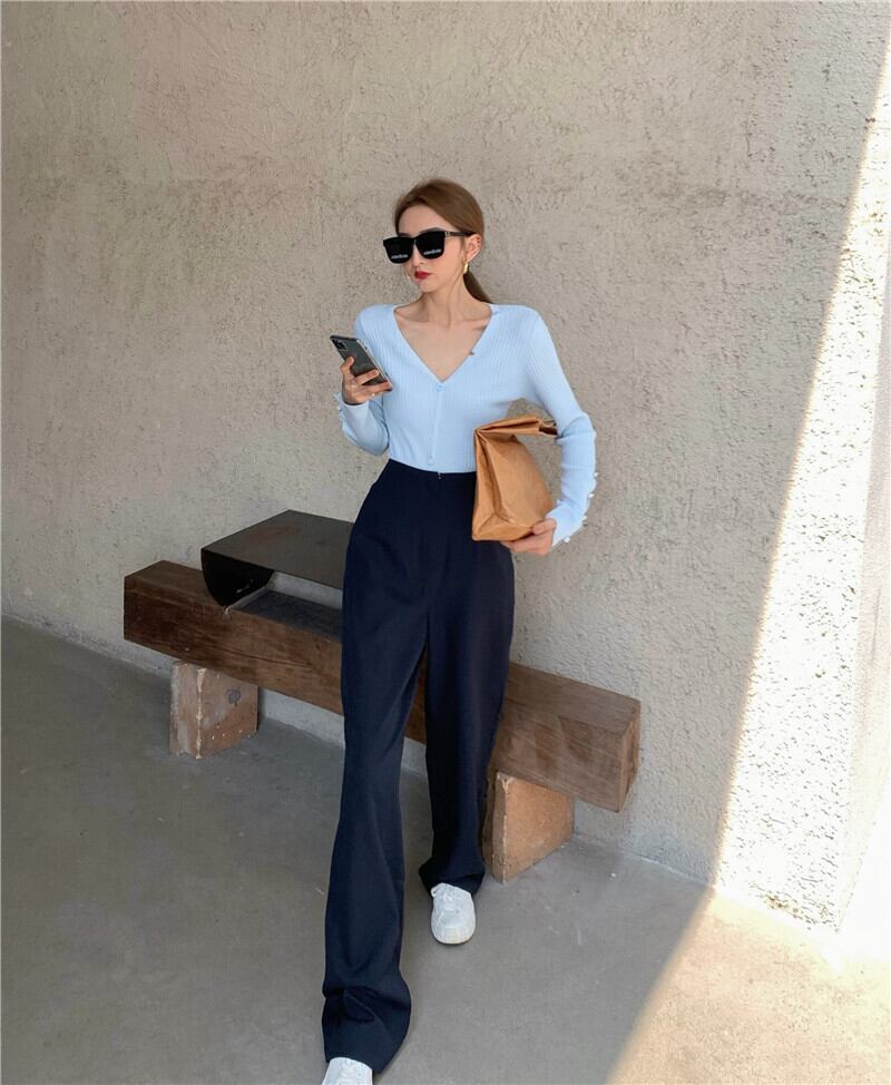 ニットセーター スリムVネックトップス スプリングブルーカーディガンジャケット 春物 ブラックストロベリース42528971831