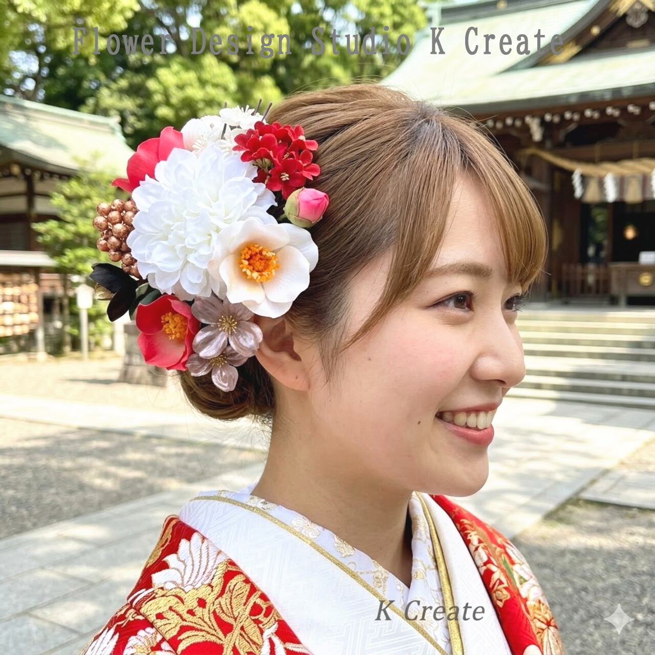 和装婚・成人式に♡白いダリアと赤い椿のヘッドドレス ヘア