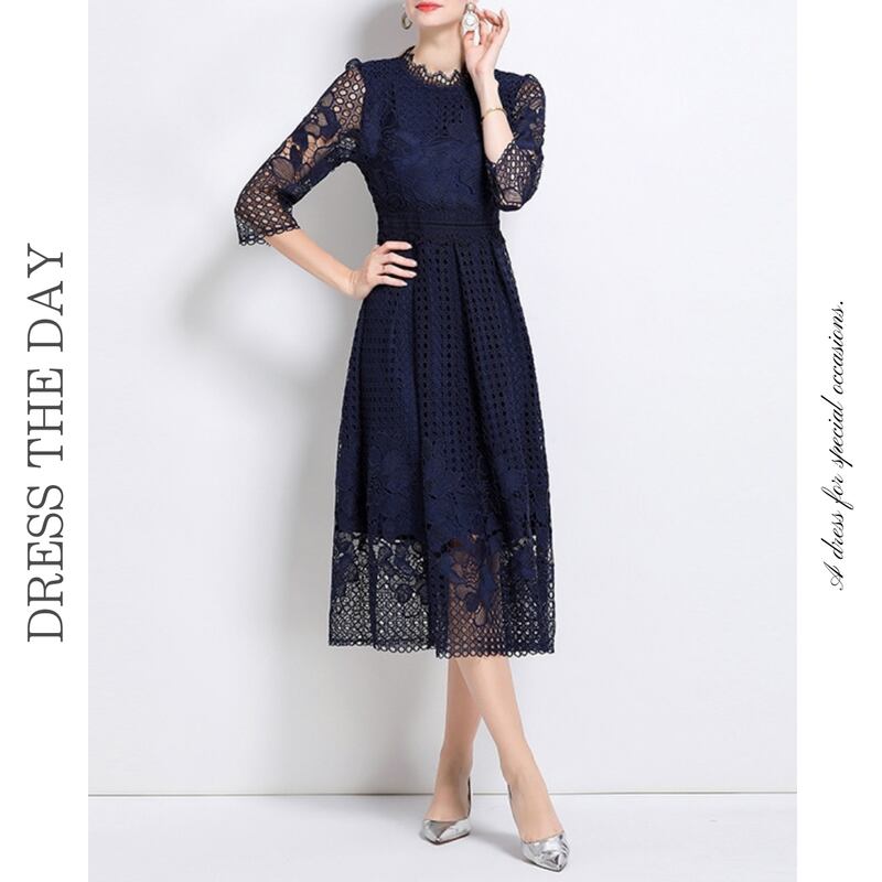 総レースシアースリーブミモレドレス D0187