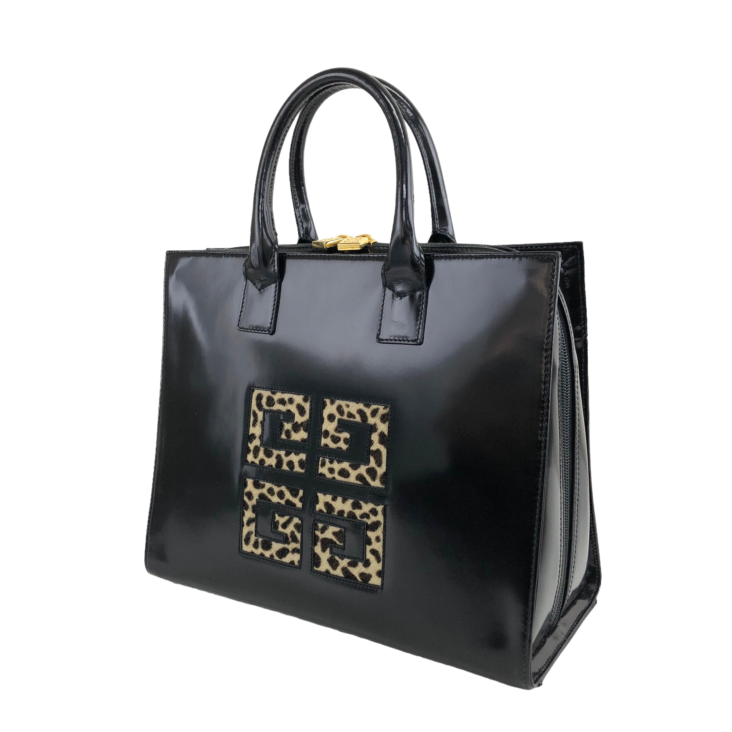 ジバンシィ　ハンドバッグ　ビンテージ GIVENCHY ジバンシィ ヒョウ柄 ロゴ レザー ハンドバッグ ブラック