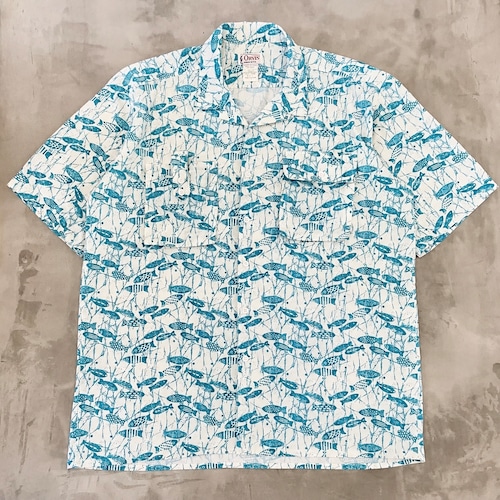 80’s ORVIS Fish Pattern Open Collar Shirt”Made in USA”