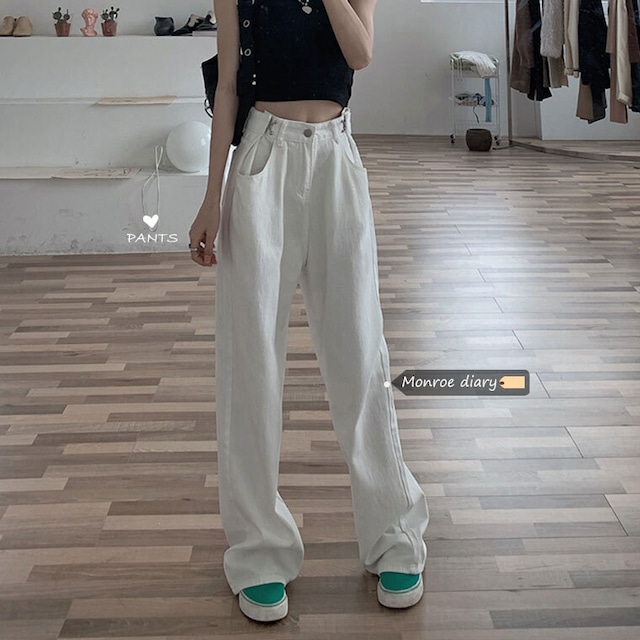 ホワイトハイウェストウェストジーンズ サマー薄手ルーズワイドレッグパンツ 夏物 ワイドパンツ モンロー96907255019