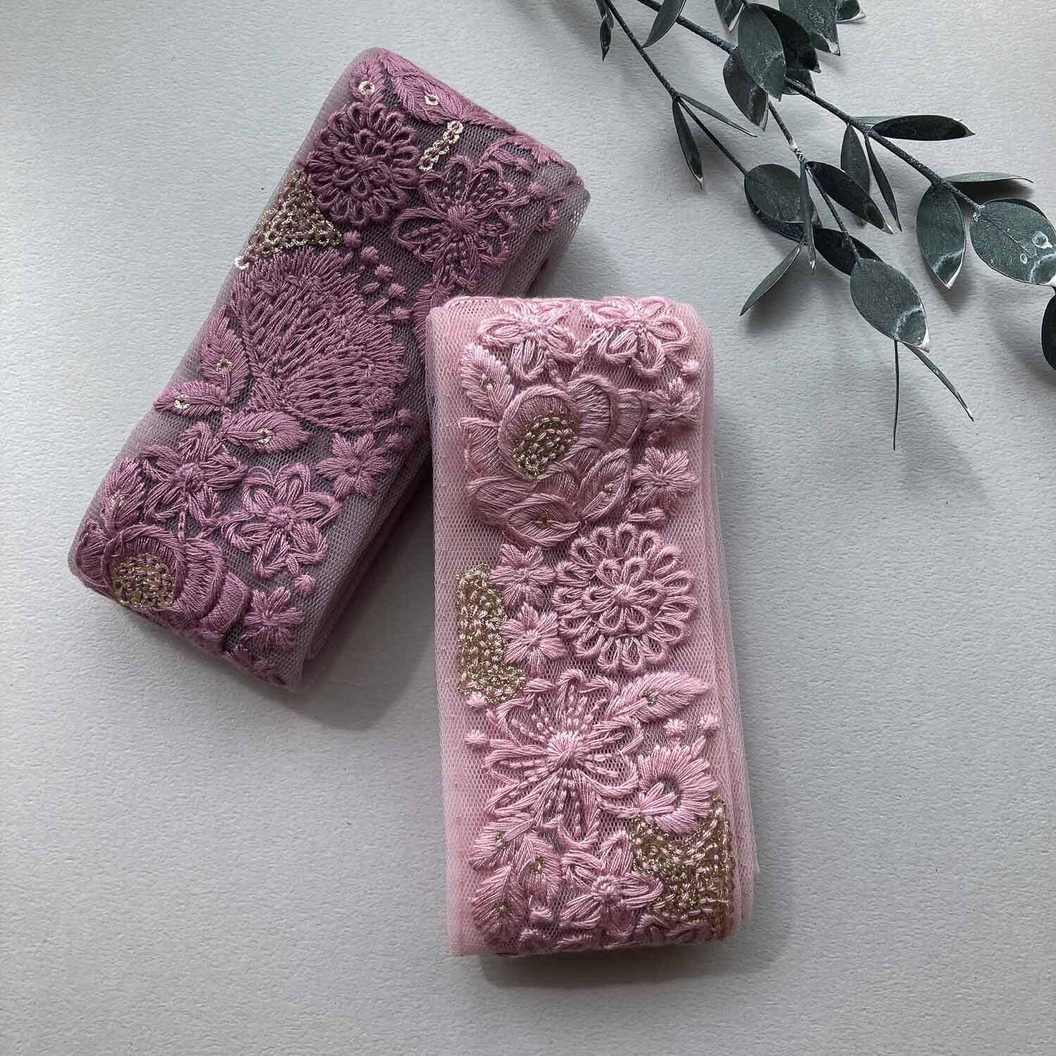 お花ぎっしりワントーン刺繍チュールリボン(1mカット)