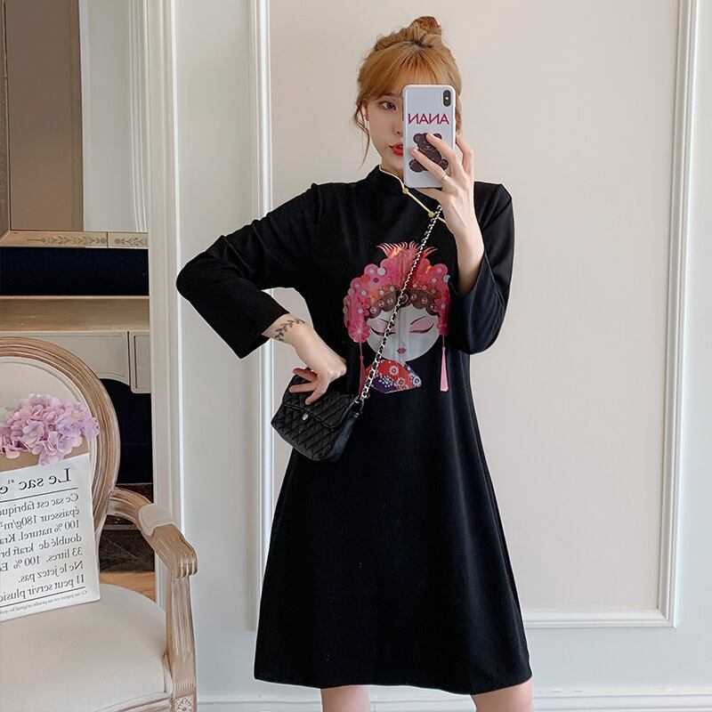 【新作】【送料無料】 マタニティウェア2020秋と冬の新しい美容フィギュアスタンドアップカラー改良チャイナドレス、年齢を減らすミドル丈のトレンディなマタニティドレス-アリババ オータム 秋物 ウィンター 冬物 expec293844133009