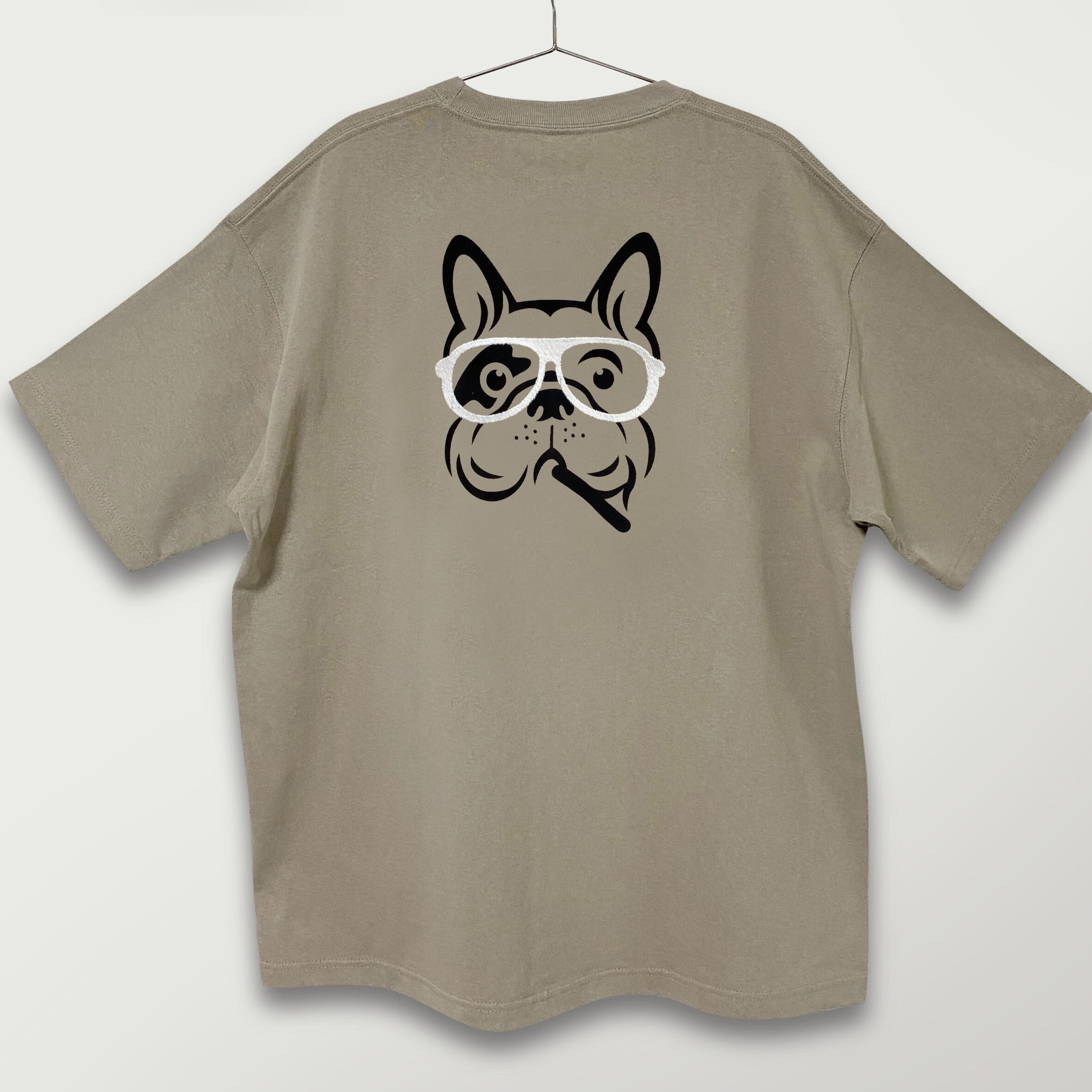 刺繍＆ステンシル☆半袖T-shirt／犬と眼鏡。