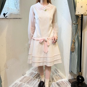 60’s polkadot white × baby pink dress