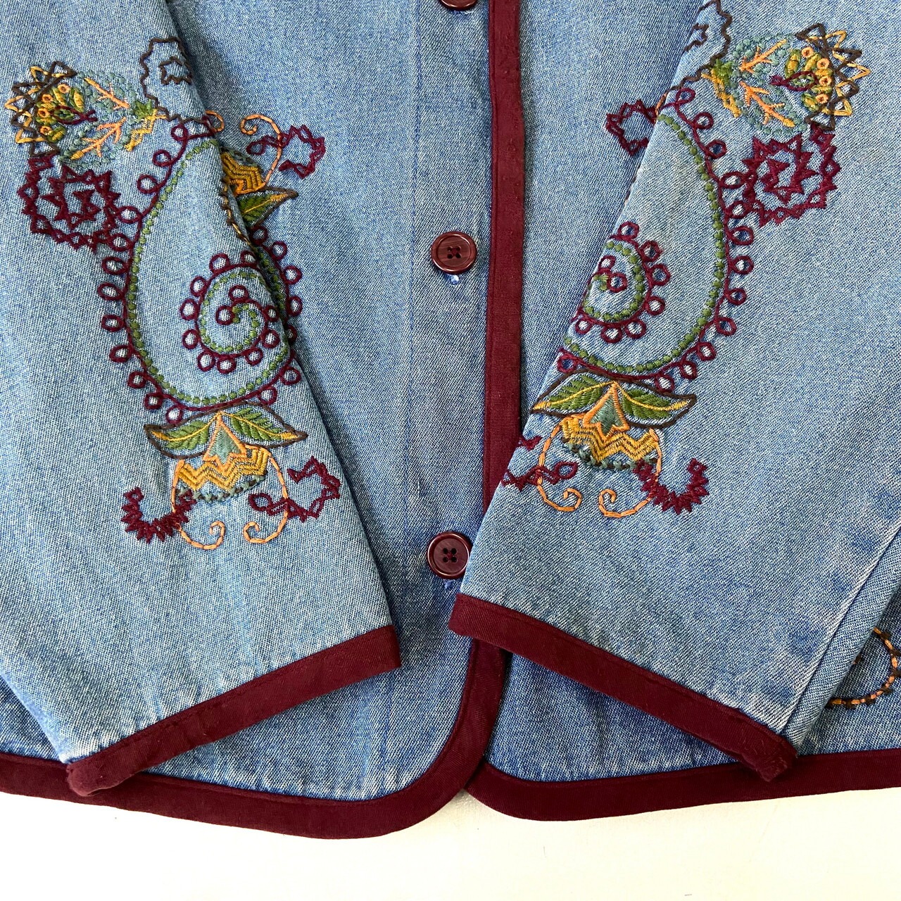 Denim＆Co 刺繍 スタンドカラー 花 デニムジャケット レディースL 古着