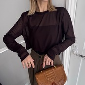 crew neck tulle sheer short tops/brown