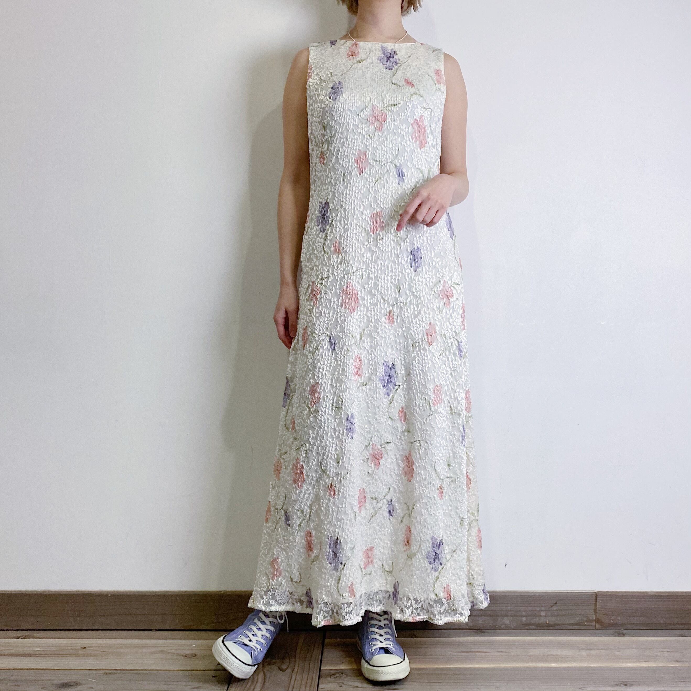 White lace flower sleeveless long dress LEMON