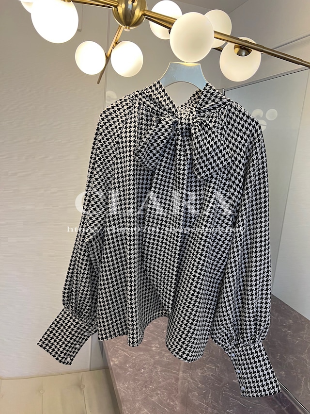 Houndstooth ribbon blouse《 即日発送 》