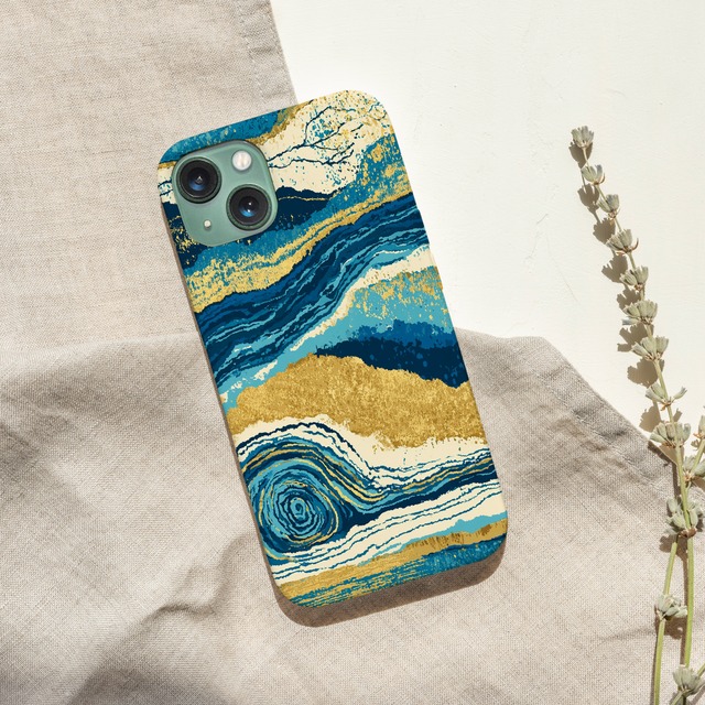 受注生産 iPhoneケース ブルーとゴールドの海流マーブル｜紙マーブリング MARB021A
