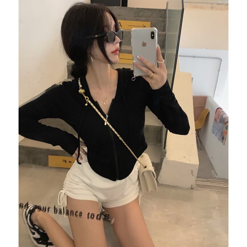 フードTシャツ レディースオータムスリムショートジッパーカーディガンレッドトップス ロング 秋物 ガールズファッション75908346464