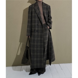 dark green plaid wool long coat<o3204>