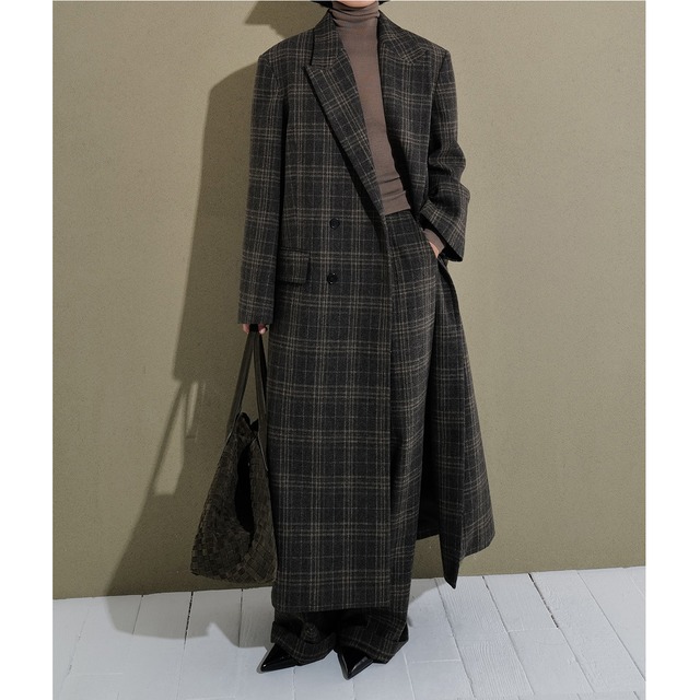 dark green plaid wool long coat<o3204>