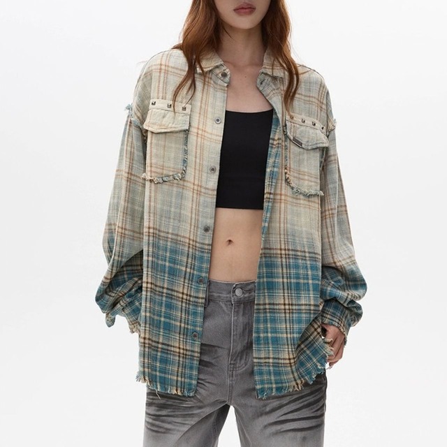 チェックダブルポケットグラデーションダメージシャツ 1col   R01877