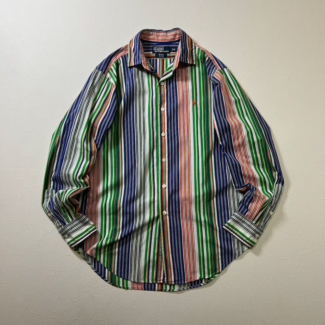 90s Ralph Lauren CLASSIC FIT ストライプ 長袖シャツ ラルフローレン ブルー グリーン M 古着
