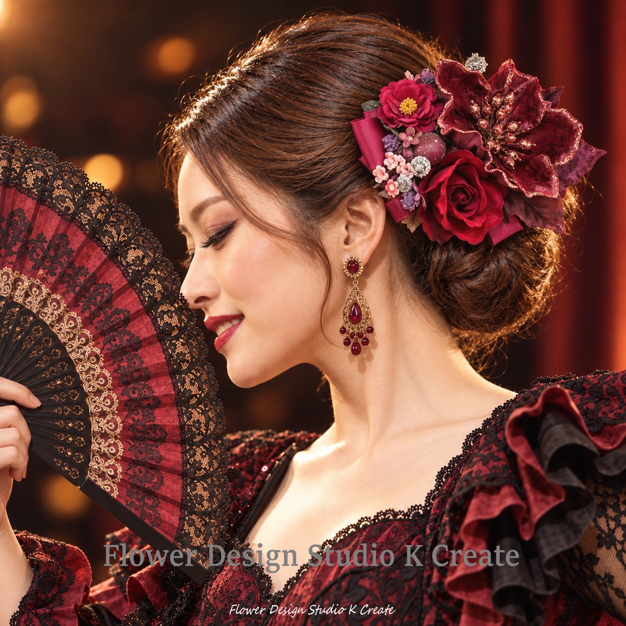 フラメンコ・ウェディング・発表会に★赤いアネモネと薔薇のヘアクリップ ダンス髪飾り 発表会 フラメンコ ダンス 卒業式 袴 入学式 クリスマス 赤 ボルドー