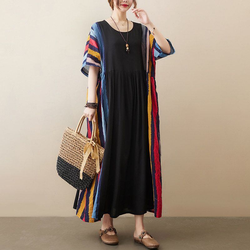 STRIPED RELAXED SHORT SLEEVE MAXI DRESS M-17153