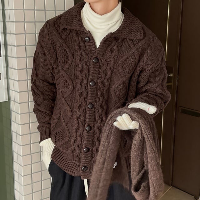 【予約販売】カーディガン リブニット パーカー セーター ケーブル編み ボタン 襟付き メンズ ブラウン 茶色 こなれ感 ストリート お洒落 韓国 トレンド 秋冬 M/L/XL
