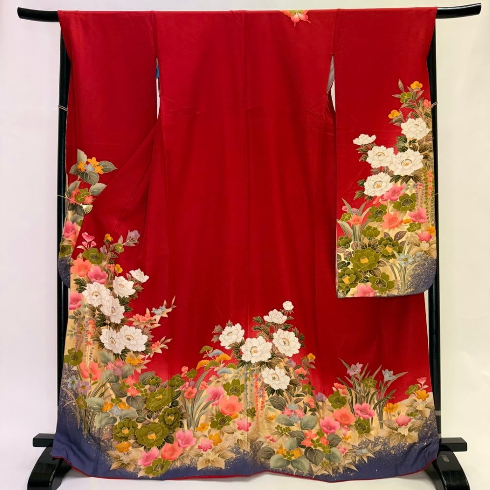 振袖 中古 赤 正絹 古典 裄68.2cm 身丈168.5cm 美品 L サイズ 成人式 6178