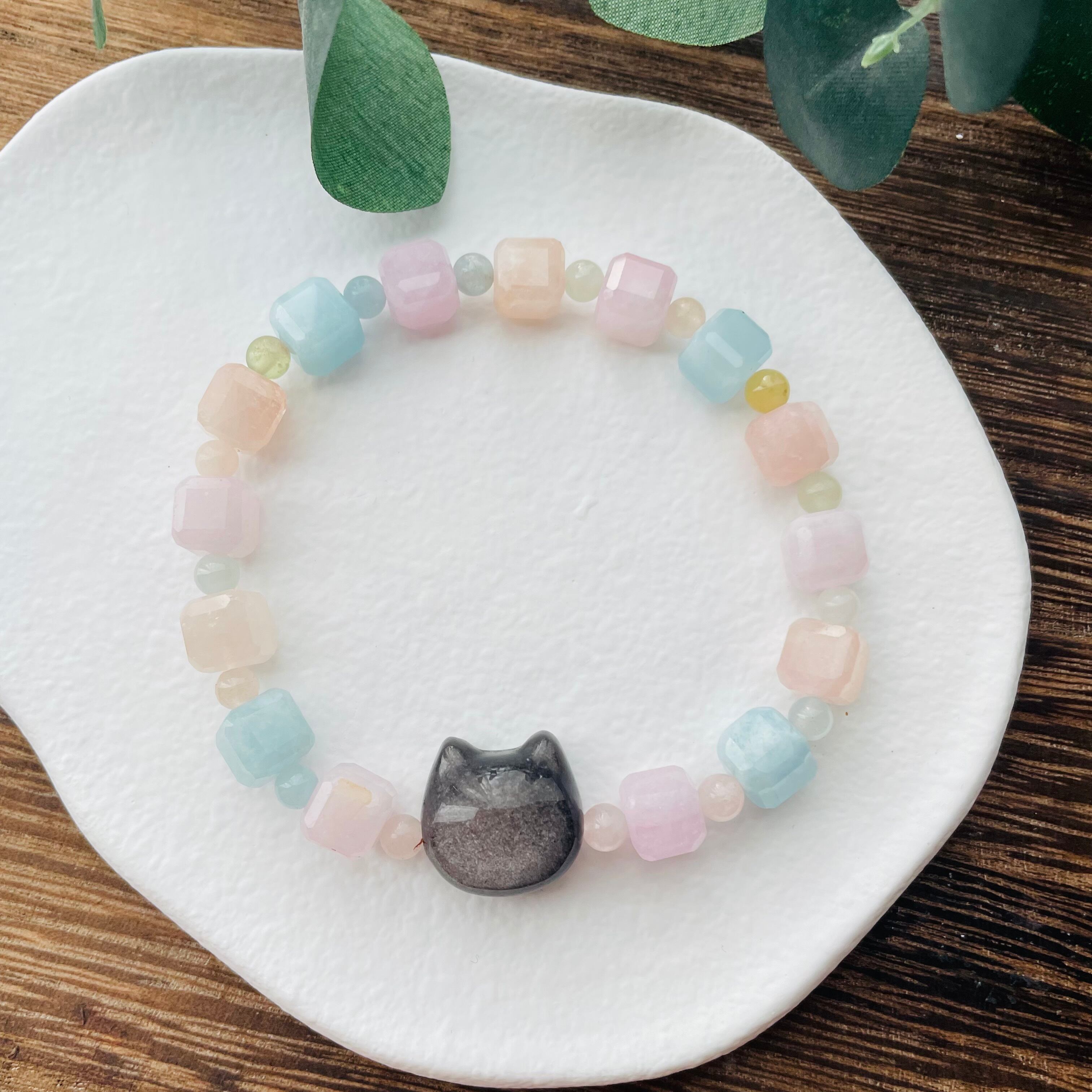 4338-⑰パワーストーン｜ブレスレット｜浄化・癒し｜ 猫雑貨 猫モチーフ 猫グッズ アクセサリー 天然石  3月誕生石 プレゼント ギフト レディース