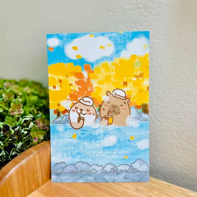 カワウソとカピバラの温泉ポストカード