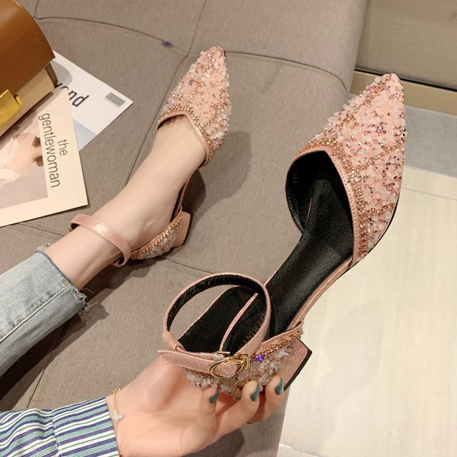 サンダル女性2020春の新しいinsバージョン包頭ラインストーン尖った野生の穏やかな妖精スタイルの厚いヒールの靴 部族の婦人靴5993763