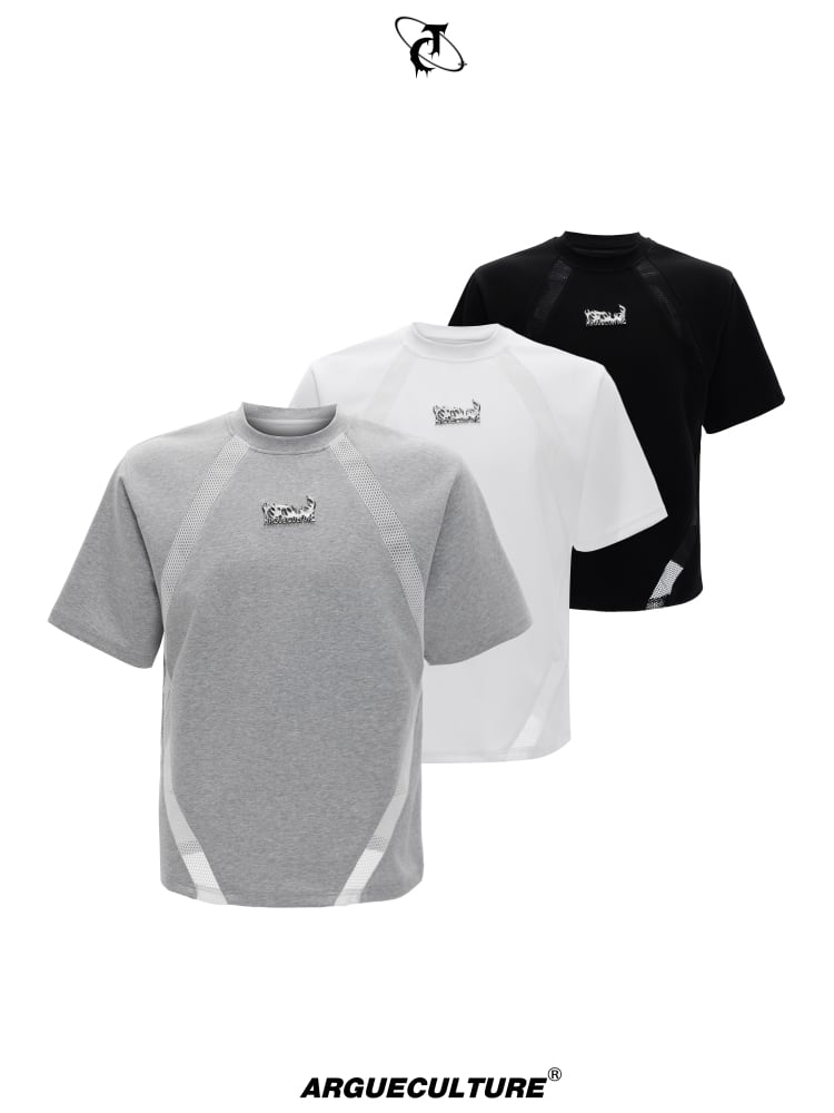 ArguECulturE ストリート 金属感ロゴ ボタン 切替 半袖Tシャツ Argue Culture 半袖 Tシャツ トップス 金属ロゴ メッシュ切替