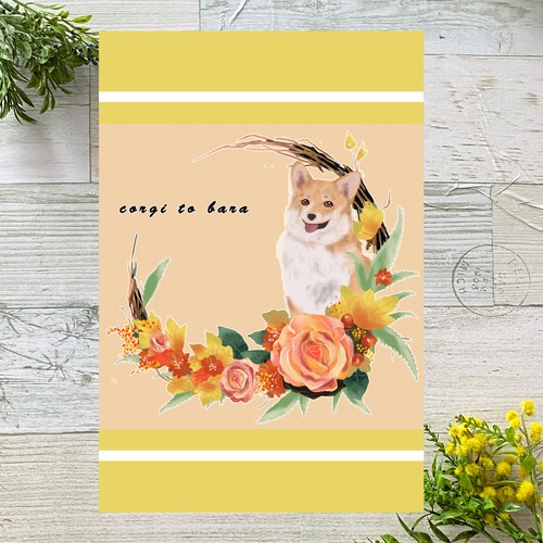 コーギーとリース　イラストポストカード2枚セット