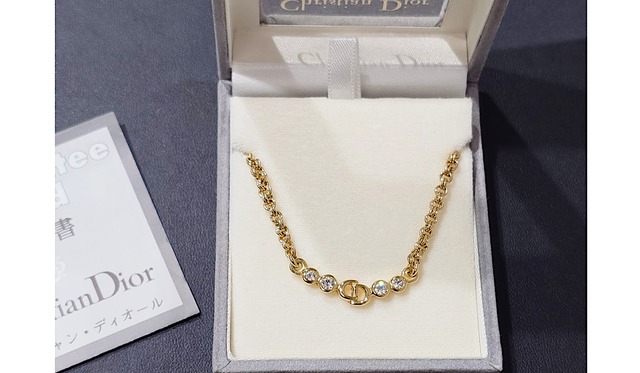 保証書付 ヴィンテージ Christian Dior CD クリスチャン ディオール CDロゴ ラインストーン ネックレス ゴールド