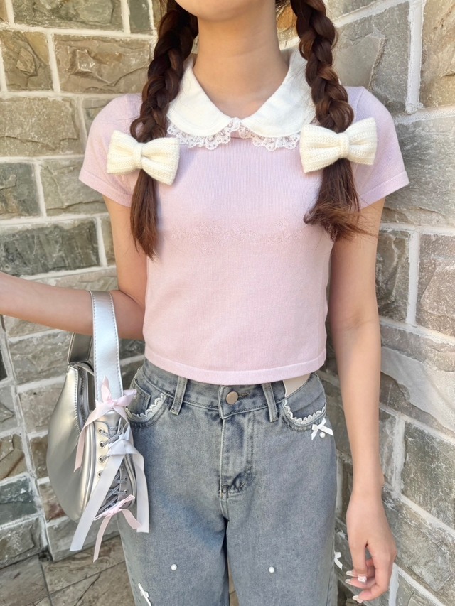 【Renonqle】original lace collar lavender tops