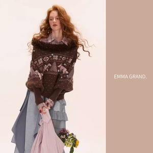 冬の森で遊ぶキツネのフェアリーニットトップス E00617