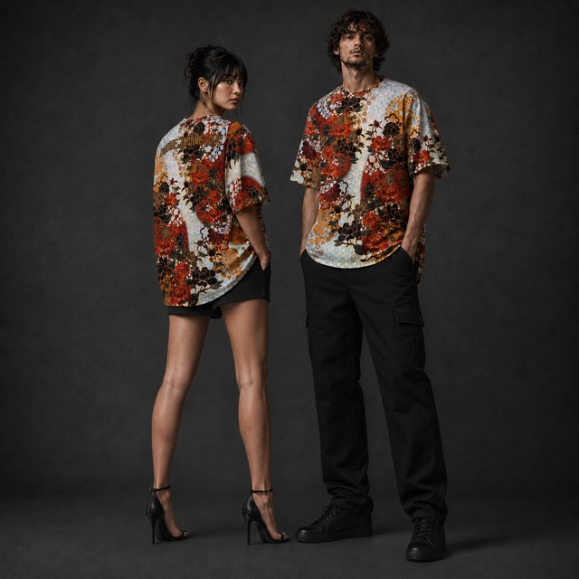 和紋様装飾　牡丹紅白　和柄ユニセックス 180G Performance Tシャツ
