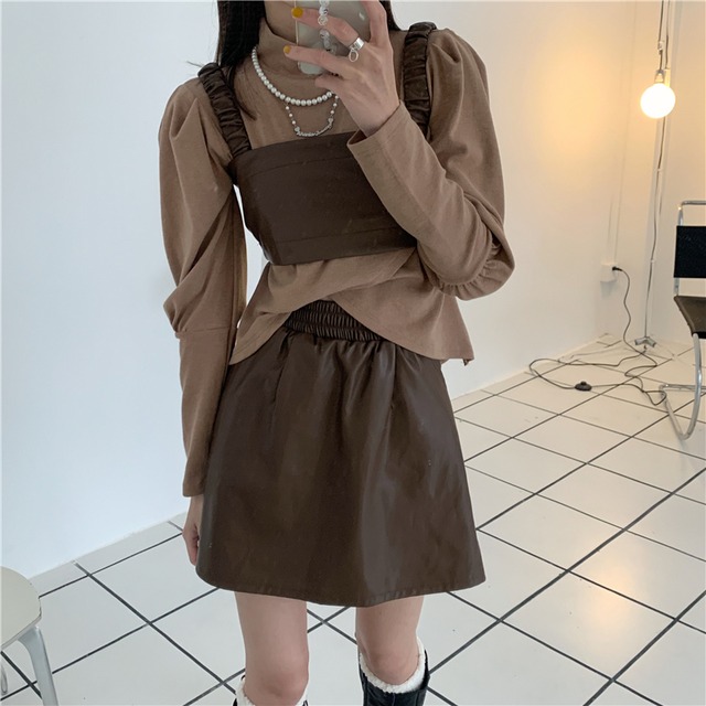 レザースカート スプリングシャツ セット 春物 ブラックストロベリース29596775080