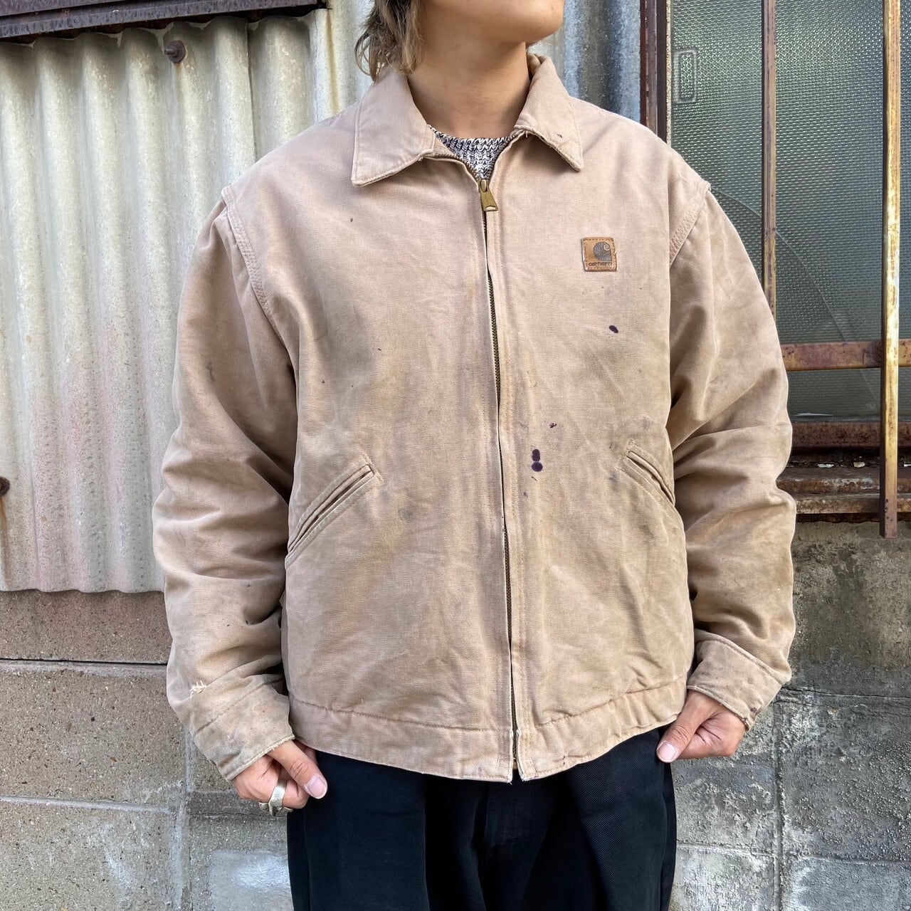 C866【Carhartt】ダック地ワークジャケット【L】ベージュ-