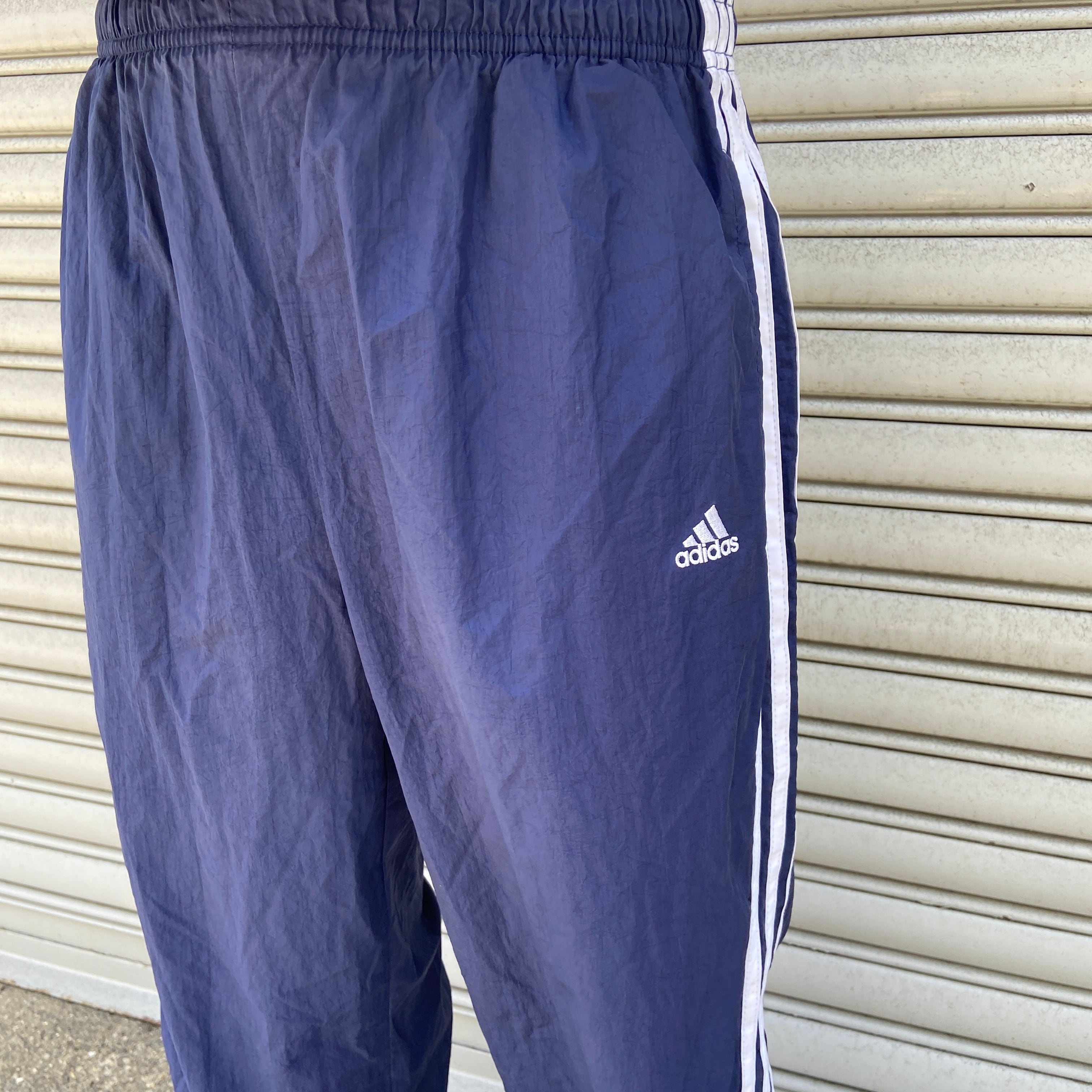 adidas☆ナイロントラックパンツ☆パフォーマンスロゴ☆3本線☆ネイビー☆M