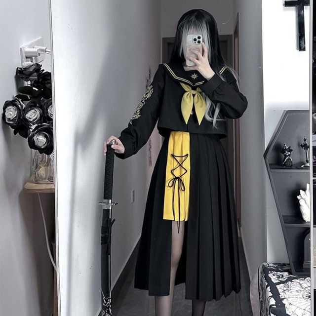 セーラー服 上下セット ミニ丈 プリーツスカート ゴシック 闇かわいい 不良少女 闇かわいい  系｜天使と悪魔