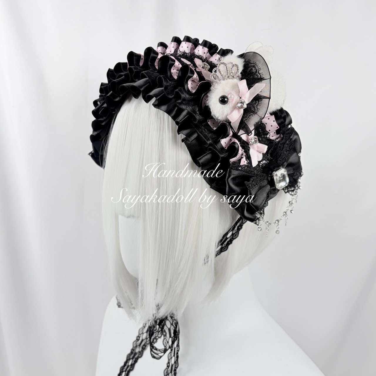♡【受注生産】No.5 きらめくティアラの天使のうさぎさん付き ドット柄フリル クリスタルドロップ 大人かわいい姫系リボンヘッドドレス black×pink ♡