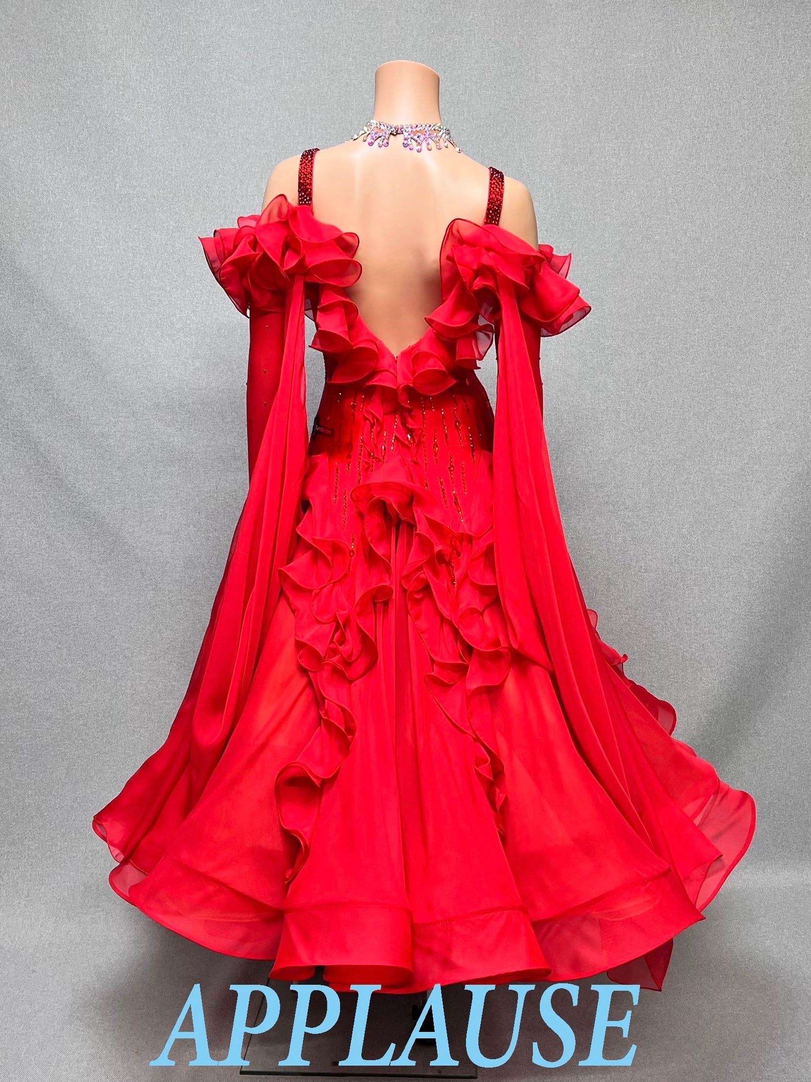 【新着】社交ダンス ドレス　モダン　スタンダード ドレス　　 ST-26-7　　レッド（フリル）　M　デモ・競技用ドレス　発表会　衣装　パーティドレス　ワンピース　舞台衣装