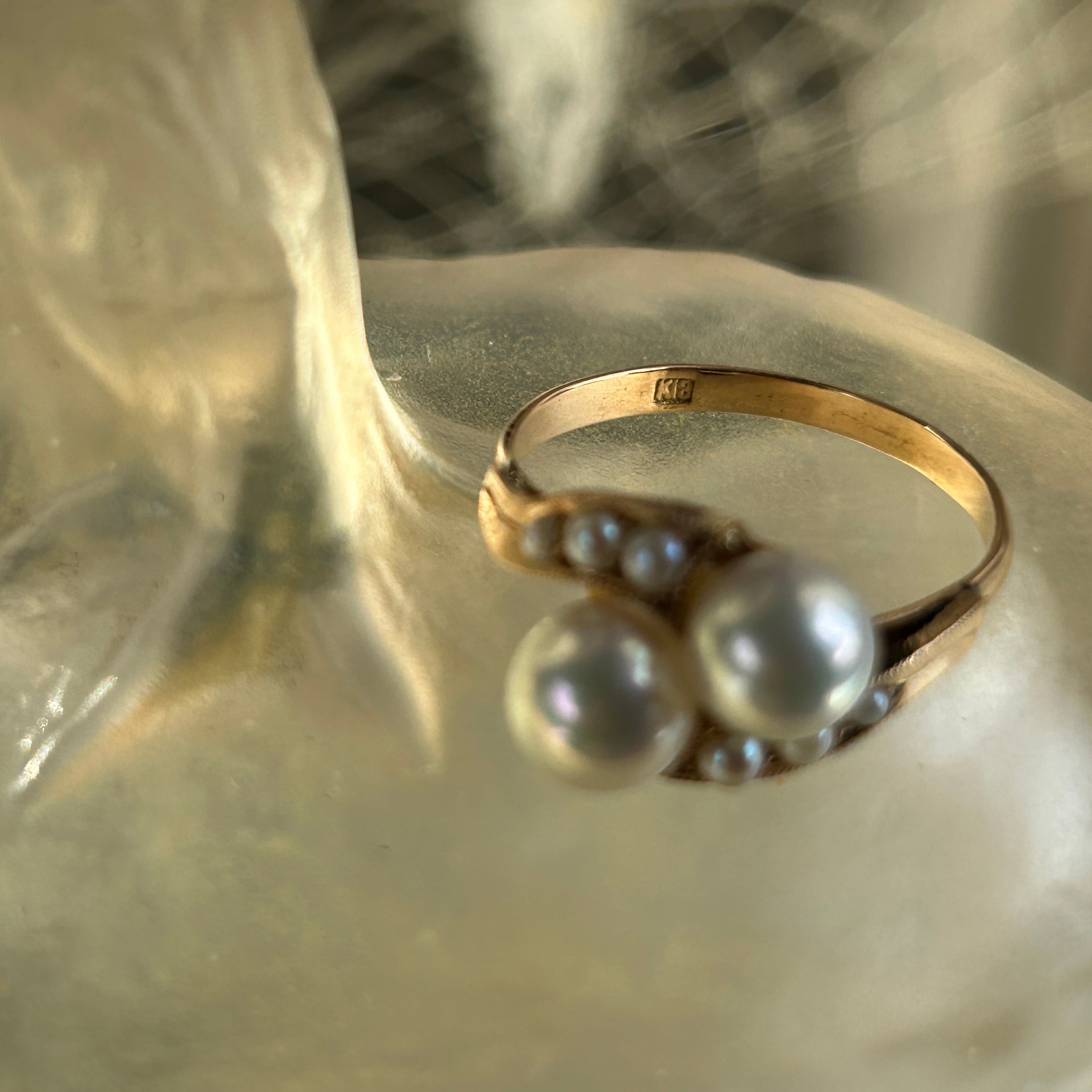 ヴィンテージ　18金美珠アコヤと芥子のトワエモアリング