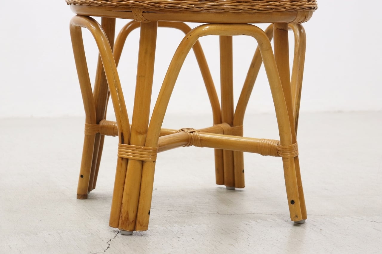 沼津店】レトロ ラタン 籐 ガラス サイドテーブル ラウンド 円型 花台