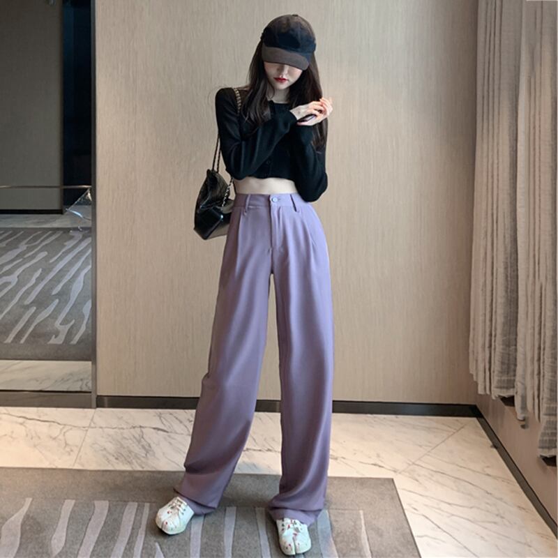 レトロなニットのショートカーディガン+優しいスモーキーグレーパープルのドレープとフロアパンツ、夏の新しいファッションスーツの女性 YY-ファッション27486857517