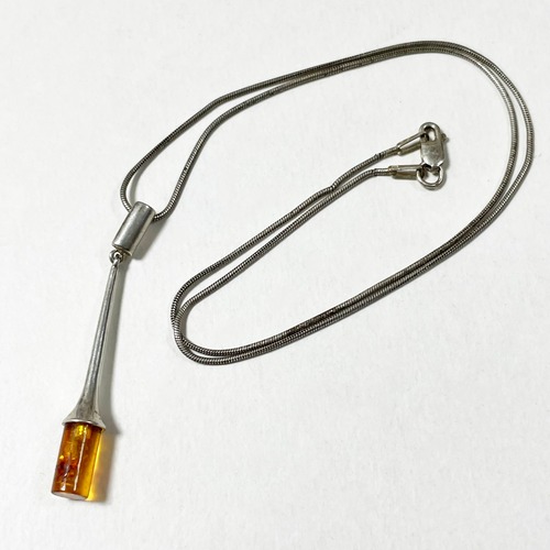 Vintage Baltic Amber & 925 Silver Modernist Pendant Necklace