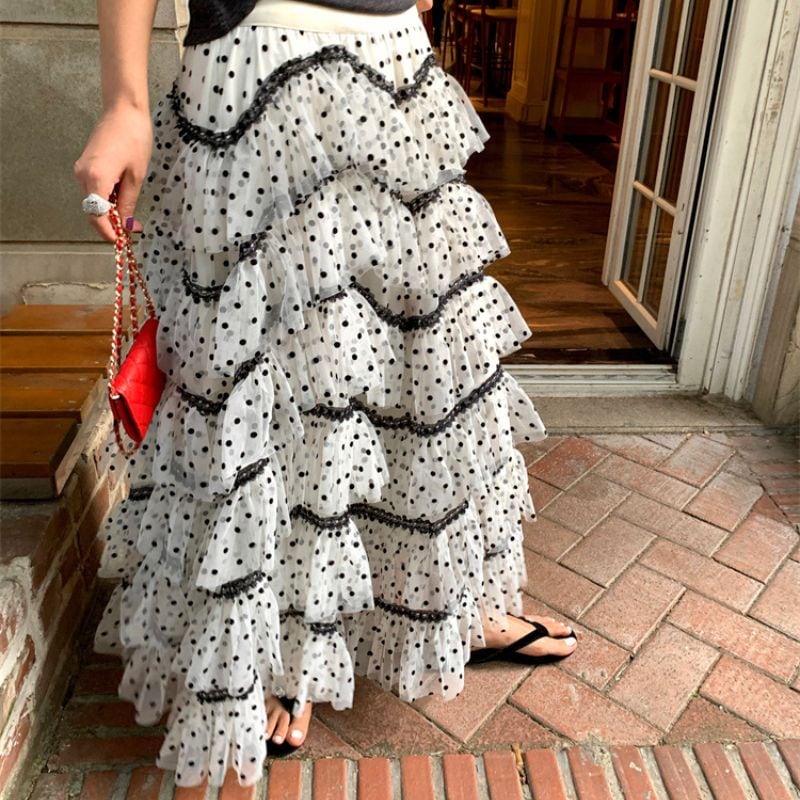 Tiered dot long skirt 00538
