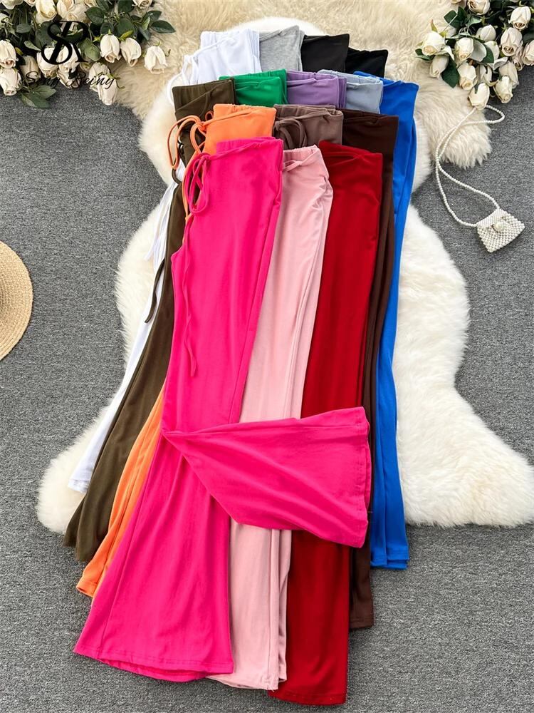 Sing補強-女性のためのカジュアルフレアロングヨガパンツ、ハイウエスト、ドローストリング、シックなパンツ、スリムなシックなファッション、ins、新しい、夏、2024_467