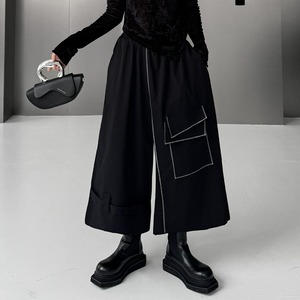 BLACK ELASTIC WAIST WIDE LEG CROPPED DESIGN PANTS 1color M-15286