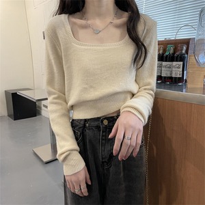 トップス セーター 袖あり 長袖 スクエアネック 襟なし ストレート ふんわり かわいい カジュアル おしゃれ お洒落 レトロ 大人可愛い ラブリー キュート 主役級 無地 春 夏 秋 冬 誕生日 母の日 10代 20代 30代 40代 レディース 女性用 ママ 学生 通学 デート 公園デビュー ガーデン 着回し 普段使い 重ね着 お揃い 双子 韓国 コーデ 楽ちん ギフト フリーサイズ アプリコット ホワイト ブラック グレー