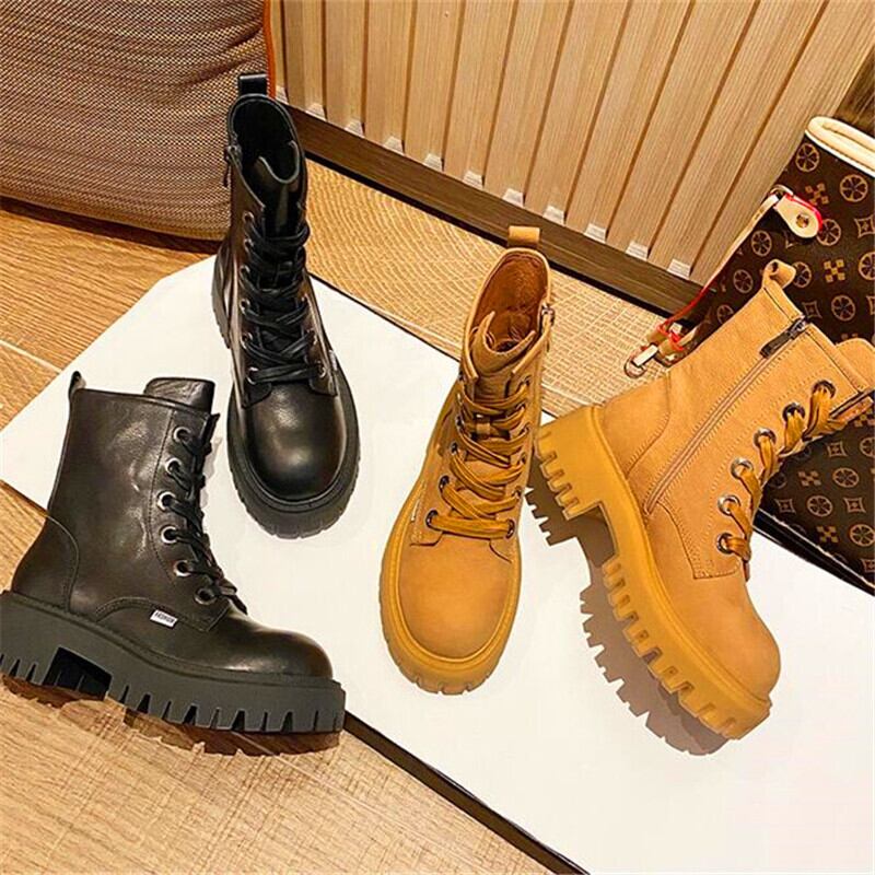 【新作】【送料無料】 スタイルレザーレディース秋冬レトロシングルブーツブラックイエロー厚底ショートブーツレディースミッドチューブブーツ 靴 シューズ オータム 秋物 ウィンター 冬物 10b361730092111