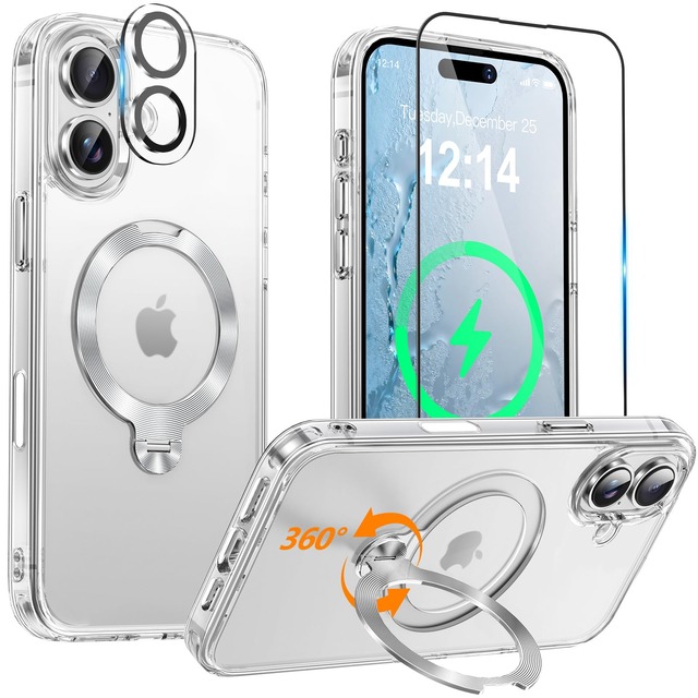 【従来を覆す・氷霧質感｜三重全面保護セット】OYR iPhone 17 用 ケース Magsafe 対応[360°定点回転CDスタンド]・クリア
